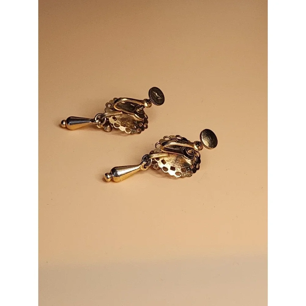 80+ Yr Old Antique CORO Blue Green Dangle Teardrop Gold Tone Screwback Earrings